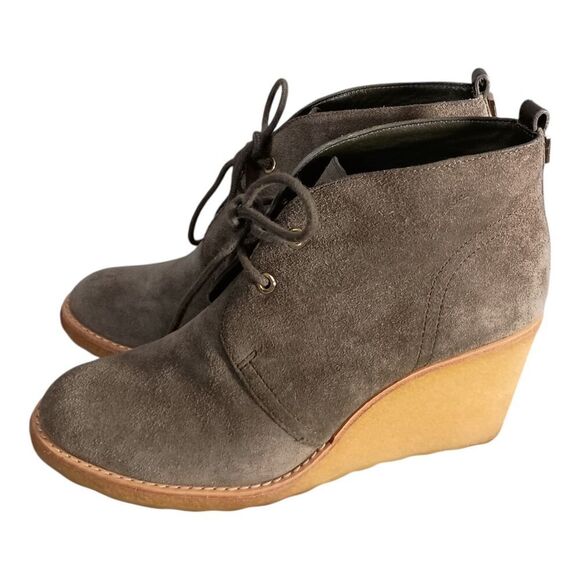 Tory Burch Viki Lace Up Wedge Ankle Boots GreyLeather Suede Gold Logo Womens 7 - Picture 8 of 12